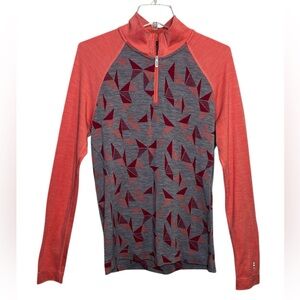 Smartwool Coral and Gray Geometric Baselayer 1/4 zip Sweater